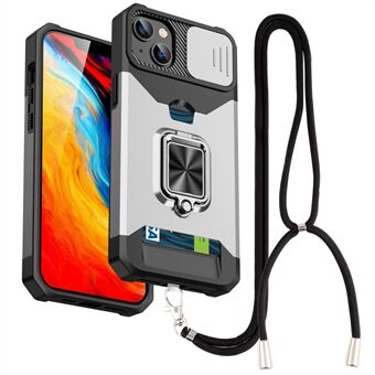 Til iPhone 14 Plus Kickstand PC + TPU Telefon Case Slide Camera Protection Card Holder Cover med snor