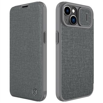 NILLKIN Qin Pro Series til iPhone 14 Plus Cloth Texture Phone Case med glidende linsebeskyttelsescover PU-læder Anti-ridse skalkortholder