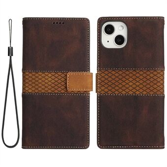 Phone Wallet Case til iPhone 14 Plus, Fuld beskyttelse Grid Splejsning Folio Flip Telefon Cover PU læder Stand med rem