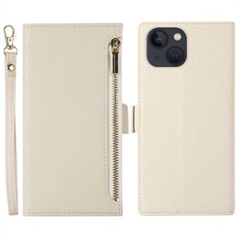Litchi Texture Phone Case til iPhone 14 Plus, lynlåslomme Fuld beskyttelse PU-læder Telefon Flip Cover tegnebog med rem