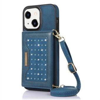 Rhinestone Decor Wallet Phone Cover til iPhone 14 Plus, PU-læderbelagt TPU Kickstand-etui med RFID-blokeringsfunktion og skulderrem