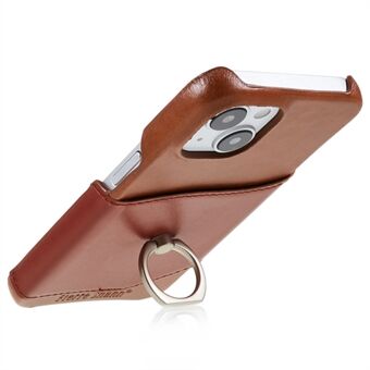 FIERRE SHANN Til iPhone 14 Plus Ring Kickstand Beskyttelsesetui Ægte læder+PU-læder+PC Anti-drop telefonbagcover med kortplads