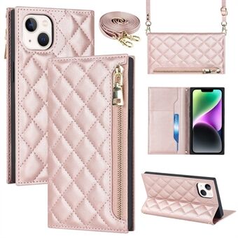 Til iPhone 14 Plus Fuld beskyttelse Rhombus præget telefontaske Stand PU læder lynlås lomme Flip tegnebogscover med skulderrem
