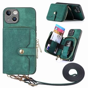 Kickstand Phone Case til iPhone 14 Plus , lynlås tegnebog PU læder+PC+TPU Anti-drop cover med snor