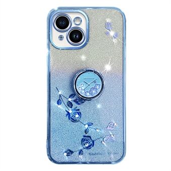 Til iPhone 14 Plus Glitter Flower Pattern Cellphone Case med Ring Kickstand TPU Cover