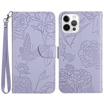 Butterfly Flowers præget læderetui til iPhone 14 Pro Max , Stand tegnebog Anti-drop beskyttelse telefoncover med praktisk rem