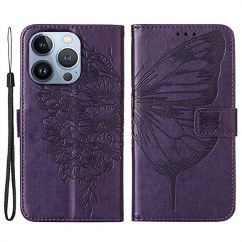 YB Imprinting Flower Series-4 til iPhone 14 Pro Max  Butterfly Flower Imprinted PU Læder Stand Cover Folio Flip Wallet Case