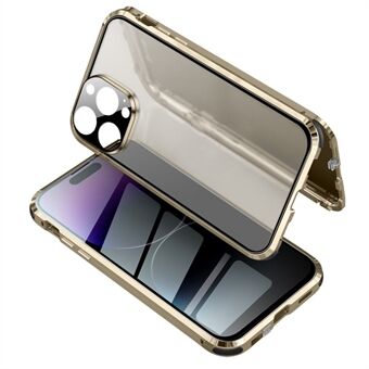 Til iPhone 14 Pro Max Anti-ridse telefoncover Anti-Spy dobbeltsidet hærdet glas + magnetisk metalramme bagcover med låsespændedesign