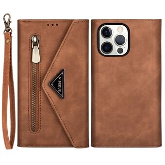 Til iPhone 14 Pro Max  stødabsorberende telefontaske PU-læder Stand lynlås lommebogsstativ med kort + lang rem