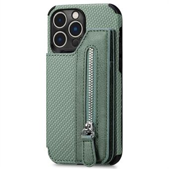 Til iPhone 14 Pro Max  lomme med lynlås Carbon Fiber Texture Kickstand Wallet Funktion Lædercoated TPU telefoncover