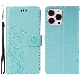 Til iPhone 14 Pro Max  påtrykte sommerfugle PU læder Flip Wallet Case Stand Anti-fall telefoncover med rem