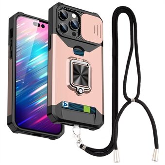 Til iPhone 14 Pro Max Kickstand Phone Shell Card Slot Slide Camera Cover PC+TPU Cell Phone Case med rem