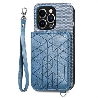 PU-læderbelagt TPU-kickstand-cover til iPhone 14 Pro Max, geometri præget pung mobiltelefoncover med rem