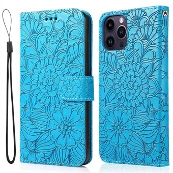 PU læder telefontaske til iPhone 14 Pro Max, med påtrykt blomstermønster Stand pung etui med rem