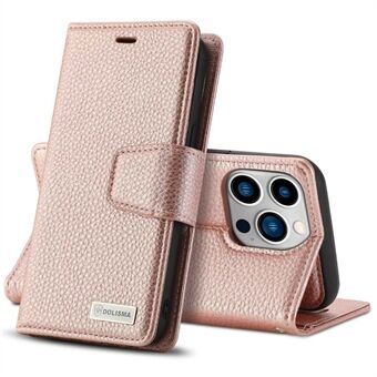 DOLISMA til iPhone 14 Pro Max Litchi Texture Læder tegnebogsstativ Telefonskal med magnetisk aftagelig Stand TPU-bagcover