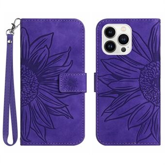 Bump Proof Flip Phone Case til iPhone 14 Pro Max, Stand præget solsikkestativ PU-læder Magnetisk pungbetræk med rem