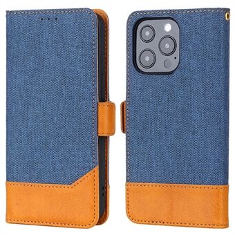 To-farvet Design Telefon Stand Case Taske til iPhone 14 Pro Max, anti-ridse lærred+PU læder+TPU magnetisk lås tegnebogscover