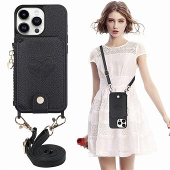Til iPhone 14 Pro Max Pung-etui med lynlås Kickstand PU-læder+PC+TPU-telefoncover med snor