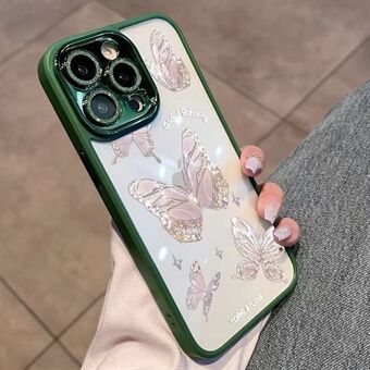 Til iPhone 14 Pro Max Anti-ridse telefon Shell Butterfly mønster glas+TPU telefon cover med glitrende pulver dekoration