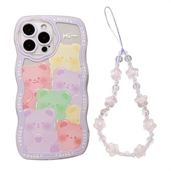 Til iPhone 14 Pro Max Mobiltelefontaske Klar TPU-cover med bjørnemønster og lilla blomsterhåndledsrem