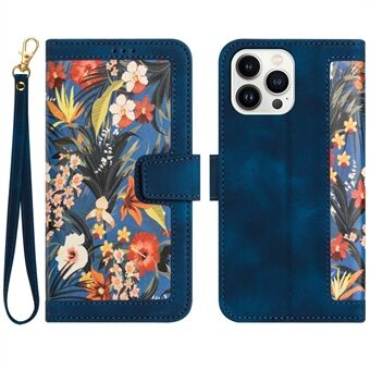 Telefon Læder Taske til iPhone 14 Pro Max, Kortholder Stand Blomstermønster Udskrivning Telefon Cover