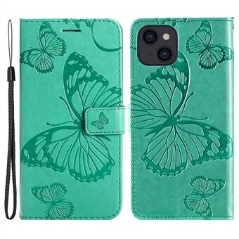 KT Imprinting Flower Series-2 til iPhone 15 Butterfly Imprint Læder Telefon Cover Pung med Stativ.