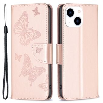 Til iPhone 15 Foldbar Stand Wallet Phone Flip Case Sommerfugl Præget Lædercover med Strop