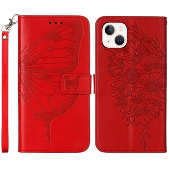 YB prægningsserie-4 til iPhone 15, PU læderstanderetui til telefon, pung med sommerfugl- og blomstermønster prægning og håndrem