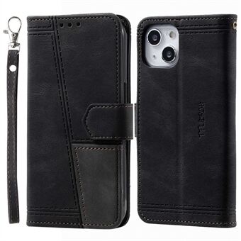TTUDRCH Splicing Shell til iPhone 15 Style 004 Skin-touch læder-etui RFID-blokerende tegnebog med stativ og håndledsrem.