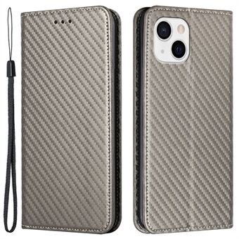 Til iPhone 15 Carbon Fiber Texture PU læder + TPU tegnebogsetui med visningsstativ til telefonen