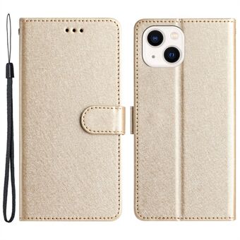 Til iPhone 15 PU Leather+TPU Silk Texture Wallet Stand Phone Cover Protective Case med Rem