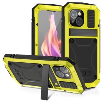 R-JUST Fuldbeskyttende Kickstand Case til iPhone 15, PC+Silikone+Metal Telefoncover med Hærdet Glasfilm