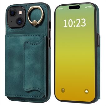 001 Ring Kickstand Card Slots Case til iPhone 15, PU læderbelagt TPU-telefoncover