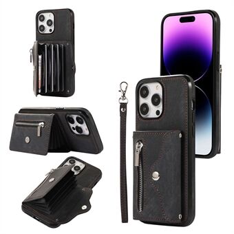 Til iPhone 15 Lynlåslomme Kickstand Telefon Taske PU Læder+TPU RFID Blokerende Pengepungsovertræk med Håndledsrem