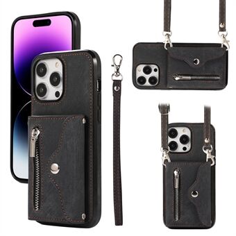 Til iPhone 15 lynlåslomme-telefontaske i PU-læder + TPU RFID-blokerende pung-standetui med remme