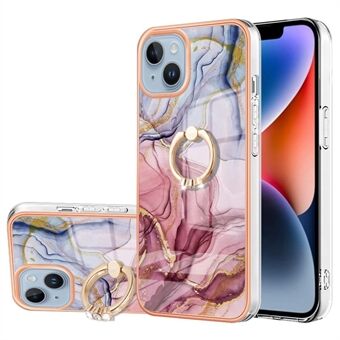 YB IMD-serie-17 Style-E ringekickstand telefoncover til iPhone 15, marmor mønster IMD 2,0 mm TPU elektropladeret cover.