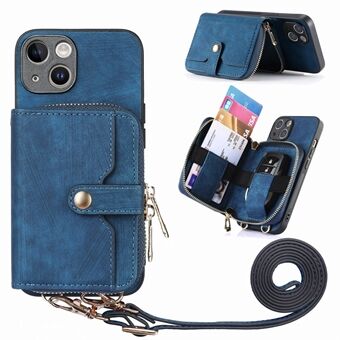 Lynlås tegnebog stativ telefon etui til iPhone 15, PU læder + PC + TPU telefon cover med snor