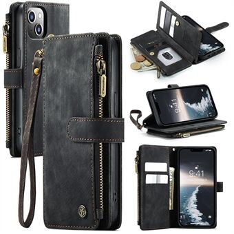 CASEME C30-serien til iPhone 15 Wallet-telefonetui PU-læder Flere kortspalter Lynlås-lomme Stand Cover.
