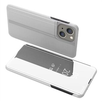 Spejloverfladevisning Vinduesdækning til iPhone 15, elektroplateret læderstand mobilcover.