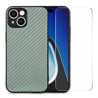 ENKAY HAT PRINCE Carbon Fiber Telefon-etui til iPhone 15 læder+PC-cover med høj aluminium-silikone glasfilm.