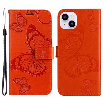KT Imprinting Flower-serie 2 til iPhone 15 Plus Telefon Etui Butterfly Imprint Læderpung Stand Anti-drop Cover