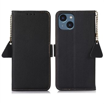 TJ Wallet Stand Telefon Taske til iPhone 15 Plus, RFID-blokerende ægte ko-læder telefoncover