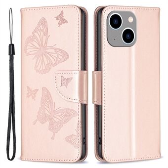 Til iPhone 15 Plus Anti-Støv Stand Wallet Phone Flip Case Butterfly Indgraveret Læder Cover med Strop.