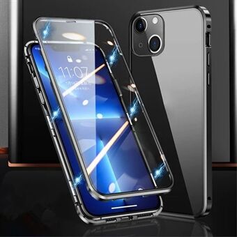 Telefon etui til iPhone 15 Plus med magnetisk tiltrækning i metalramme + dobbeltsidet hærdet glas gennemsigtigt telefoncover