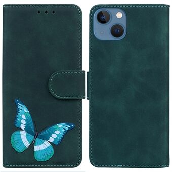 PU læder etui til iPhone 15 Plus med sommerfugl-tryk, anti-rids, flip stand og pung til telefonen.