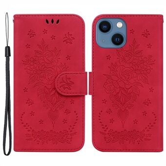 Stand Wallet Phone-etui til iPhone 15 Plus, lædercover med rosen-aftryk og sommerfugl