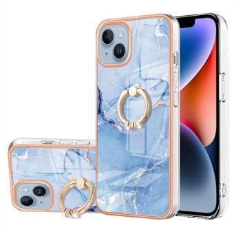 YB IMD-serien-17 Style-E til iPhone 15 Plus Ring Kickstand Telefonkasse 2,0 mm TPU elektrolytisk marmor mønster IMD-cover