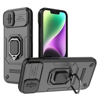 For iPhone 15 Plus Telefon Cover, beskyttelse mod tab, PC+TPU, stativ med skydelåg til kamera