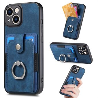 Til iPhone 15 Plus Ring Kickstand Card Holder Phone Case PU Læderbelagt PC+TPU Cover