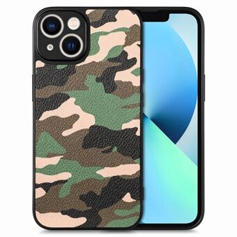Til iPhone 15 Plus Camouflage Præcis Udstansning Telefon Etui PU Læderovertrukket PC+TPU Cover